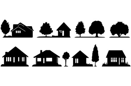 Set of silhouettes of houses and trees on a white background.のイラスト素材