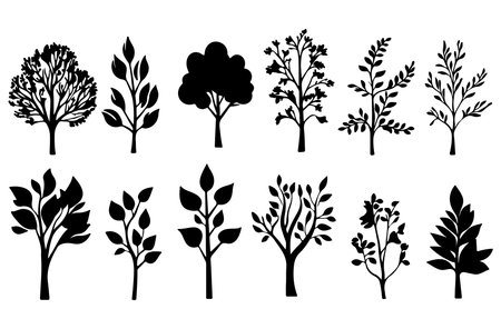 Set of black silhouettes of trees and plants on a white backgroundのイラスト素材