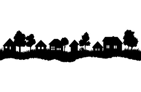 Silhouette of houses and trees on white background. Vector illustration.のイラスト素材