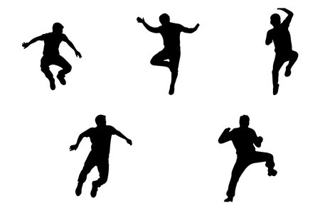 Set of black silhouettes of men jumping isolated on white background.のイラスト素材