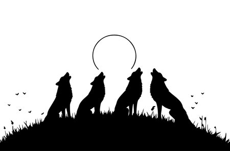 Vector silhouette of a wolf with a sun on a white background.のイラスト素材