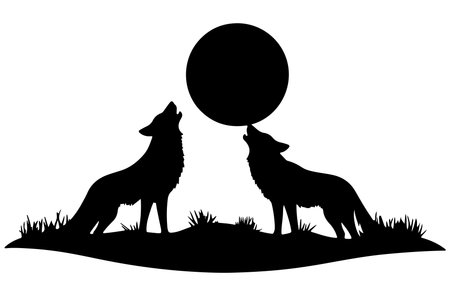 silhouette of howling wolf and wolf in the grass with moonのイラスト素材