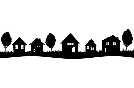 Vector background with houses and trees. Black silhouette on white background.のイラスト素材