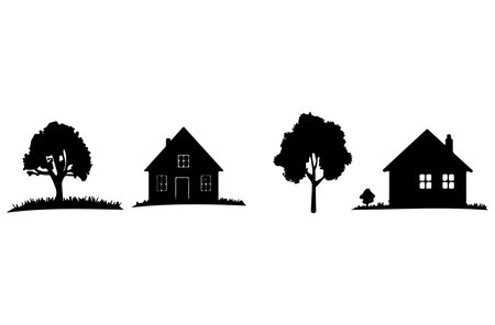 Collection of silhouettes of houses and trees on a white background.のイラスト素材
