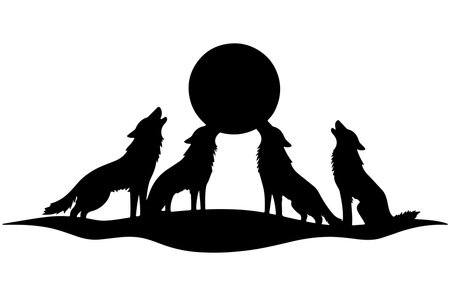 silhouette of wolf with moon on white background, vector illustrationのイラスト素材