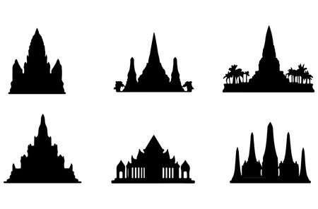 Buddhist temple silhouettes on white background. Vector illustration.のイラスト素材