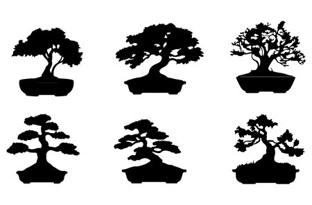 Set of bonsai tree silhouettes isolated on white background. Vector illustration.のイラスト素材