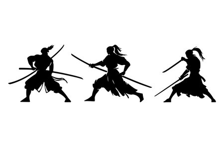 Silhouettes of warriors with swords on a white background. Vector illustrationのイラスト素材