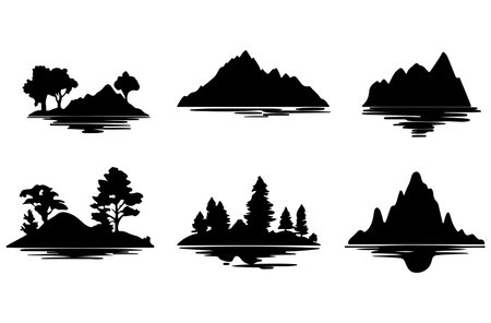 Set of silhouettes of mountains, trees and lake. Vector illustrationのイラスト素材