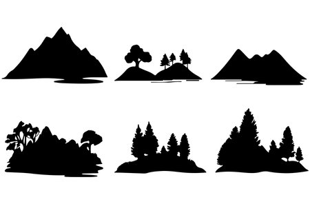 Silhouettes of mountains and trees. Vector illustration isolated on white background.のイラスト素材