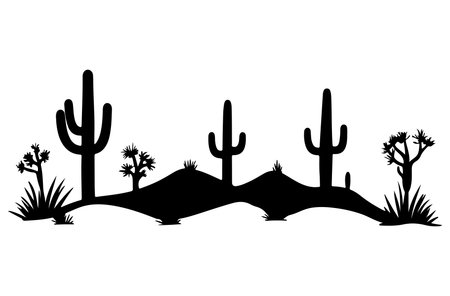 Cactuses and cactuses in the desert, black and white vector illustrationのイラスト素材