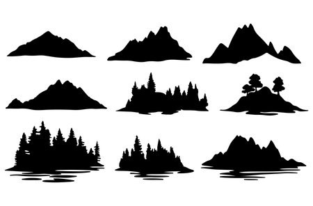 Silhouettes of mountains, forest and lake. Vector illustration.のイラスト素材