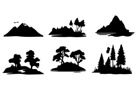 Set of silhouettes of mountains, forest and lake. Vector illustrationのイラスト素材