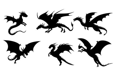Dragon silhouette. Set of black dragons isolated on white background. Vector illustrationのイラスト素材