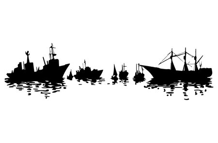 Silhouettes of fishing boats on the water. Vector illustration.のイラスト素材