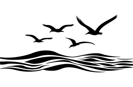 Seagulls flying over the sea. Black and white vector illustration.のイラスト素材