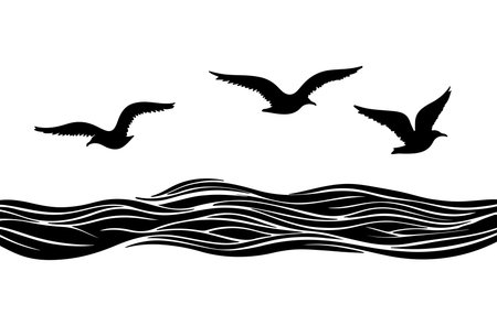 Seagulls flying over the sea. Black and white vector illustration.のイラスト素材