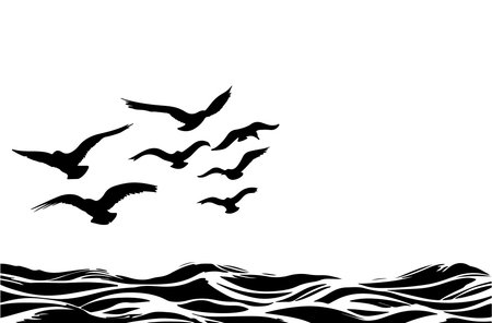 Seagulls flying over the sea. Black and white vector illustration.のイラスト素材