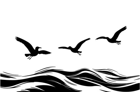 Seagulls flying over the sea. Black and white vector illustration.のイラスト素材