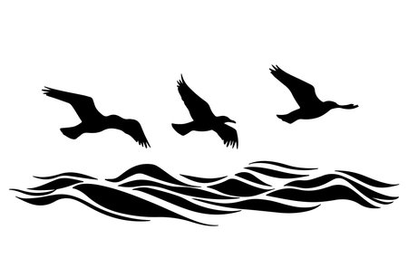 Seagulls flying on the waves. Black silhouettes of seagulls on a white background. Vector illustrationのイラスト素材