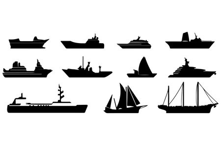 Set of different ships. Silhouettes of ships. Vector illustrationのイラスト素材