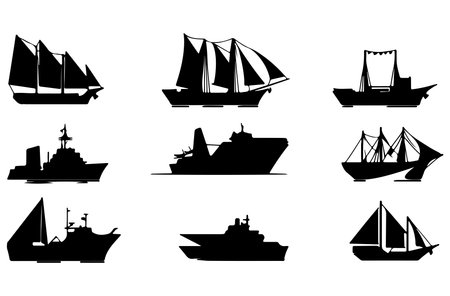 Set of ships silhouettes isolated on white background. Vector illustration.のイラスト素材