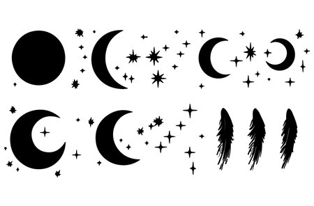 Moon, stars and feather silhouettes. Vector illustration isolated on white background.のイラスト素材