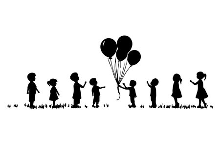 Silhouette of children with balloons on white background. Vector illustration.のイラスト素材