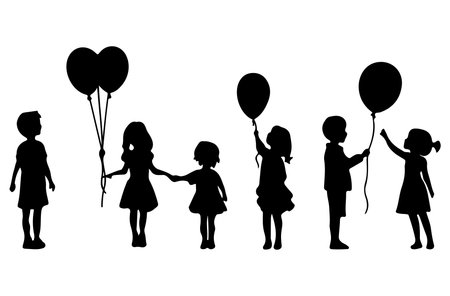silhouette of a group of children with balloons on a white backgroundのイラスト素材