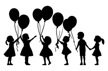Silhouette of a group of children with balloons on a white backgroundのイラスト素材
