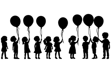 Vector silhouette of children with balloons on white background. Symbol of childhood.のイラスト素材