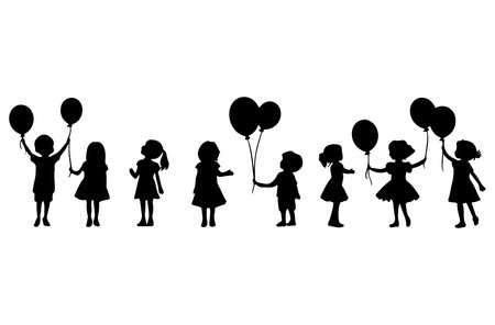 Black silhouettes of children with balloons on a white background. Vector illustration.のイラスト素材