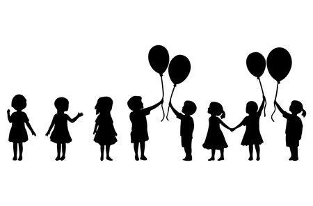 vector illustration of children silhouettes with balloons, isolated on white backgroundのイラスト素材