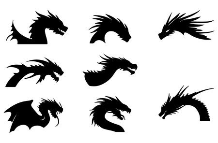 Dragon head silhouettes set isolated on white background. Vector illustration.のイラスト素材