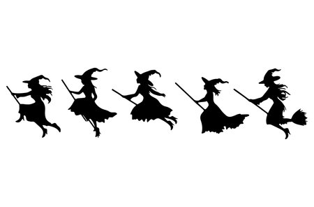 Silhouette of witch flying on a broomstick. Vector illustration.のイラスト素材