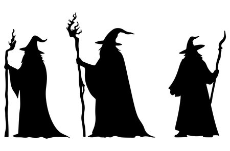Silhouettes of witches on the white background. Vector illustration.のイラスト素材