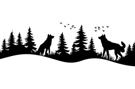 Silhouette of a wolf in the forest. Vector illustration.のイラスト素材