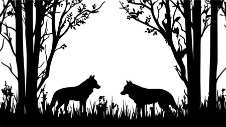 Silhouette of fox and wolf in the forest. Vector illustration.のイラスト素材