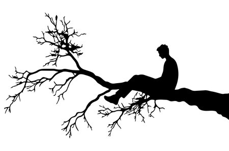 Vector silhouette of a man sitting on a tree branch on a white background.のイラスト素材