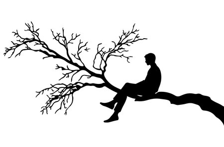 Silhouette of a man sitting on a tree branch. Vector illustration.のイラスト素材
