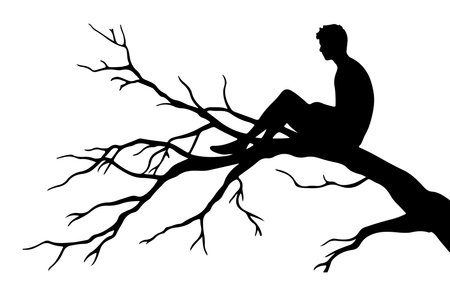 Silhouette of a man sitting on a tree branch. Vector illustration.のイラスト素材