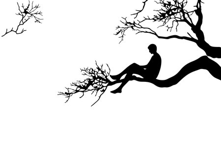 Silhouette of a man sitting on a branch of a treeのイラスト素材
