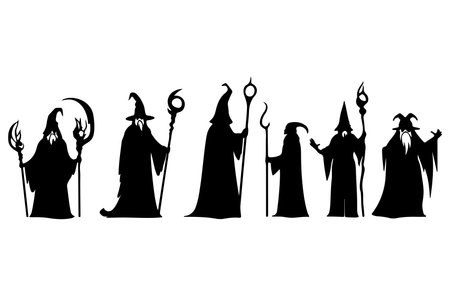 set of silhouettes of witches on a white background, vector illustrationのイラスト素材