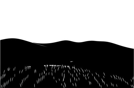 Vector illustration of a landscape with fields and meadows. Black and white.のイラスト素材