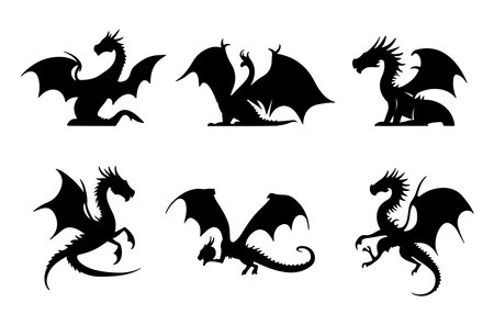 Dragon silhouettes set isolated on white background. Vector illustration of dragon.のイラスト素材
