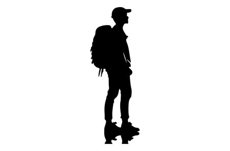Vector silhouette of a man with a backpack on a white background.のイラスト素材