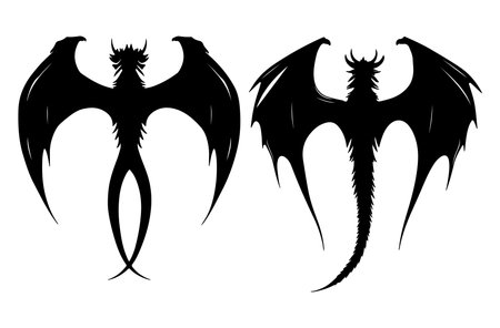 Dragon tattoo set isolated on white background. Black and white dragon vector illustration.のイラスト素材