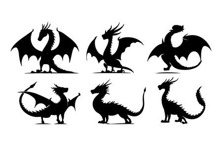 Set of black dragon silhouettes isolated on white background. Vector illustrationのイラスト素材