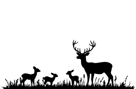 Silhouette of deer family on white background. Vector illustration.のイラスト素材