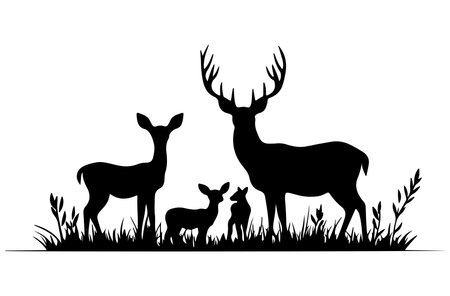 Silhouette of deer family in the meadow. Vector illustrationのイラスト素材